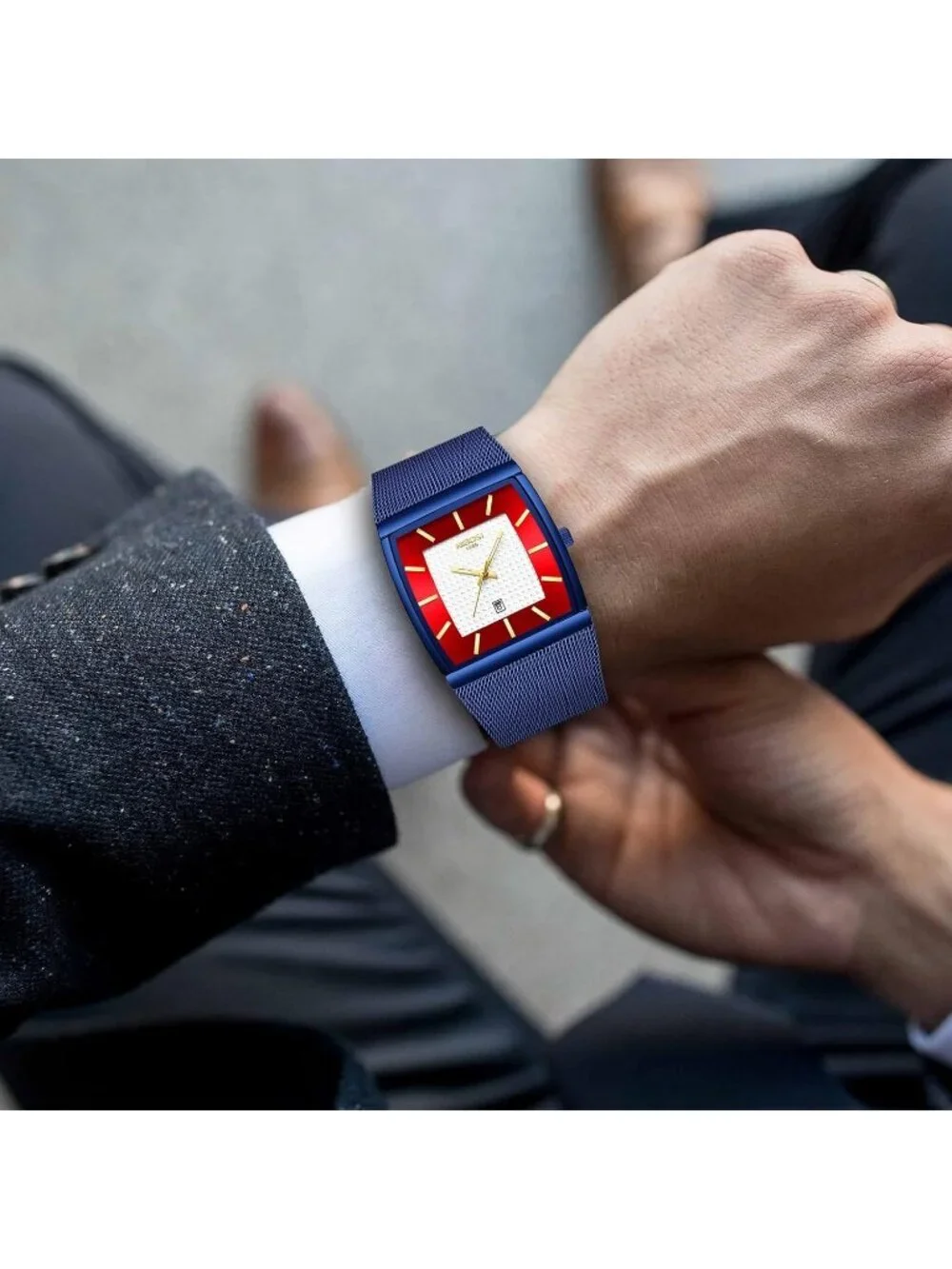Nibosi Men's Blue Red Square Analog Quartz Stainless Mesh Strap Waterproof Watch